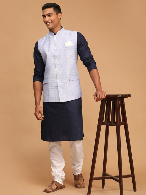 Vastramay Men's Lavender Jacquard Nehru Jacket with Kurta Pyjama Set